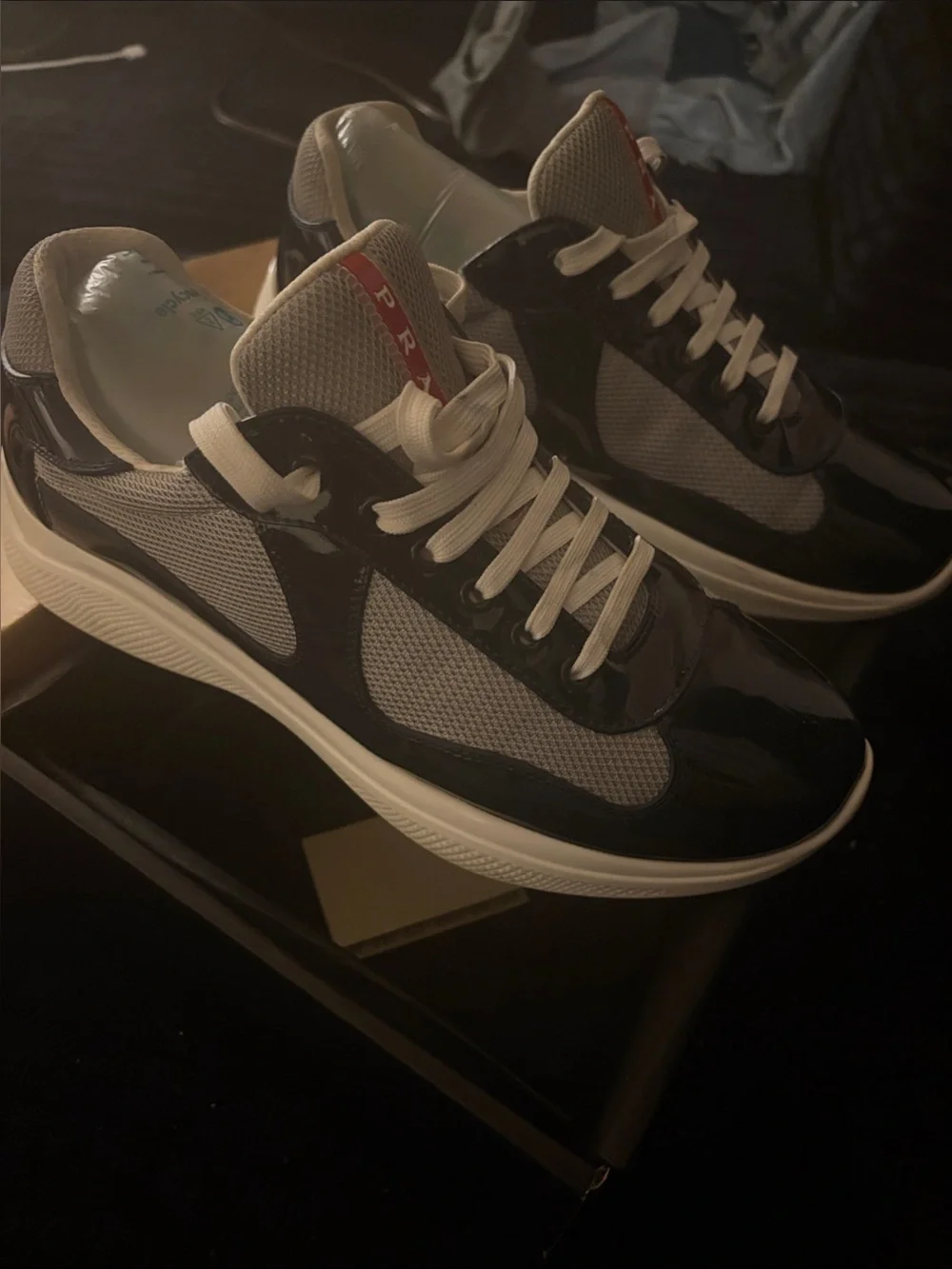 Prada Navy blue Patent & Gray Mesh Sneakers with White Laces and Red Tongue Stri